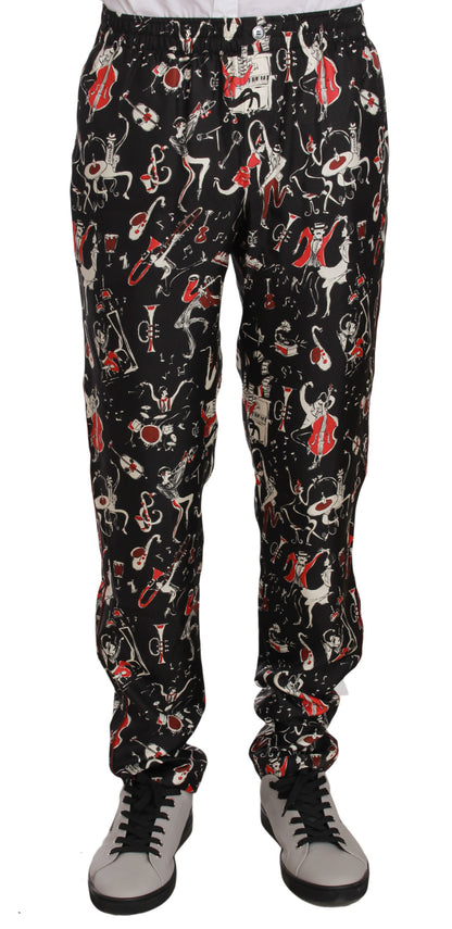 Elegantes pantalones de salón de seda negra con estampado rojo