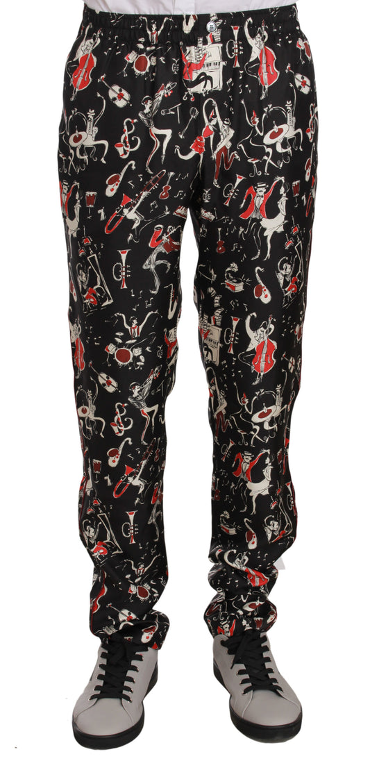 Elegantes pantalones de salón de seda negra con estampado rojo