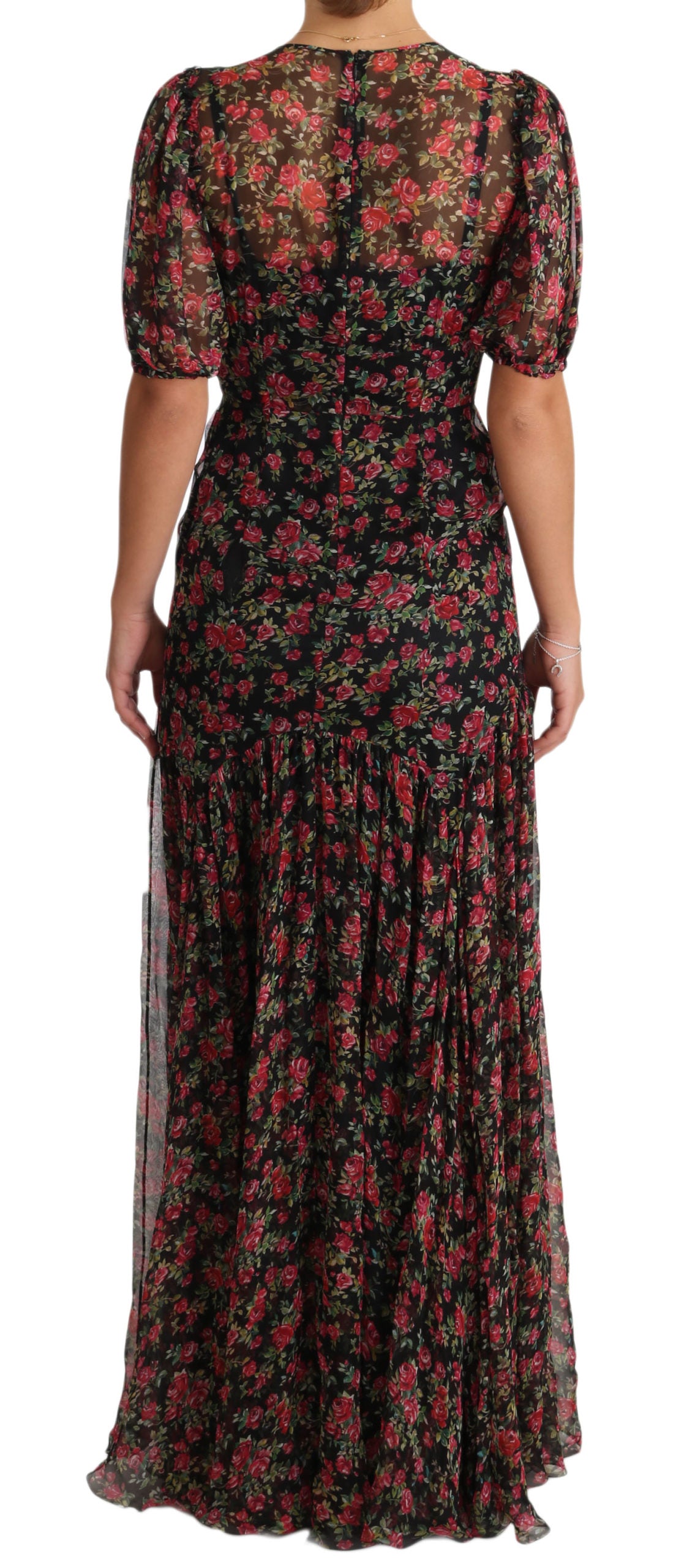Elegante vestido floral de seda negra de corte A