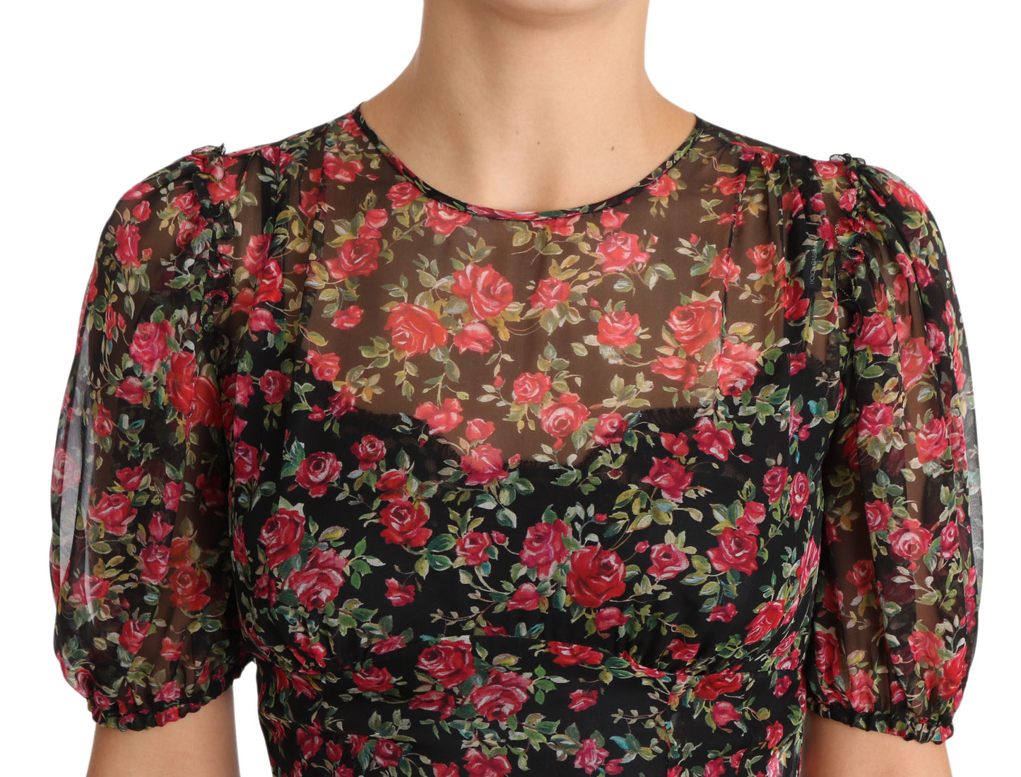 Elegante vestido floral de seda negra de corte A