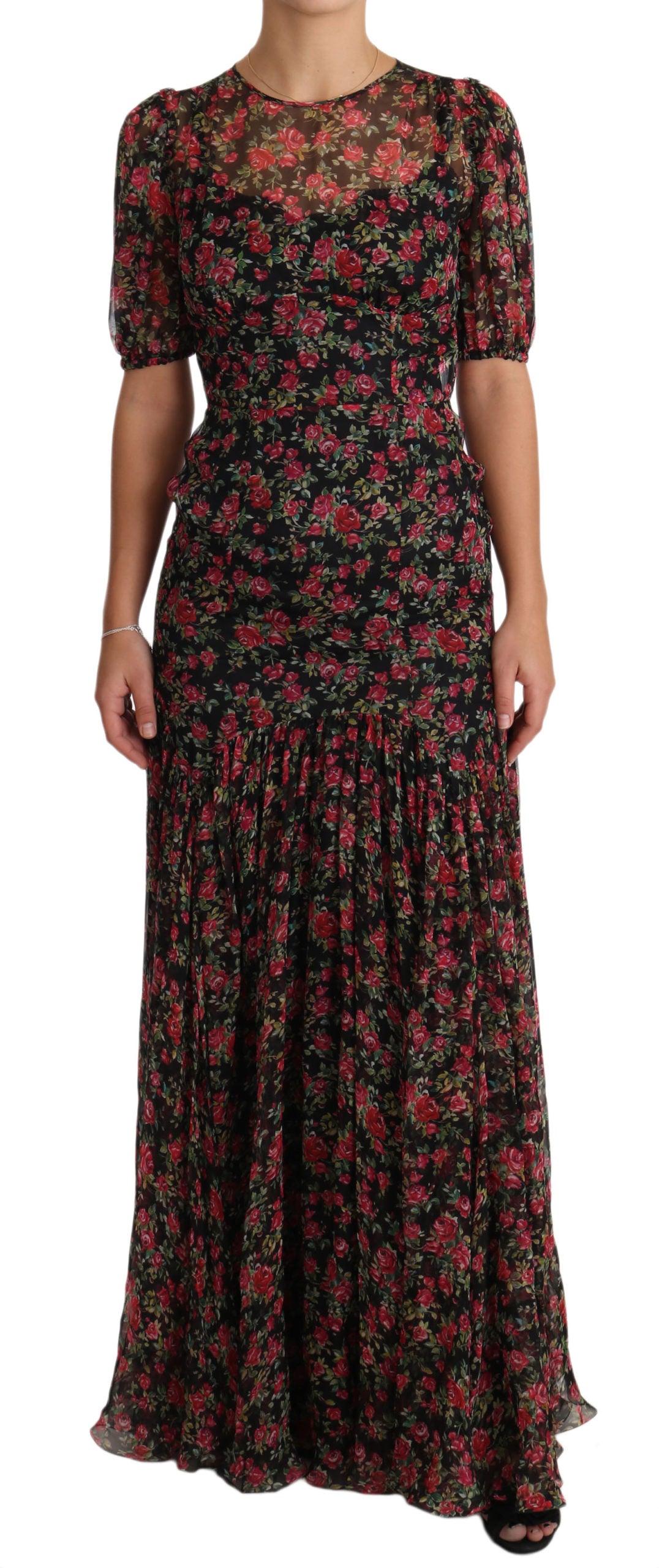Elegante vestido floral de seda negra de corte A