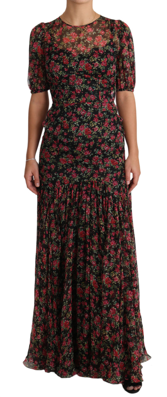 Elegante vestido floral de seda negra de corte A