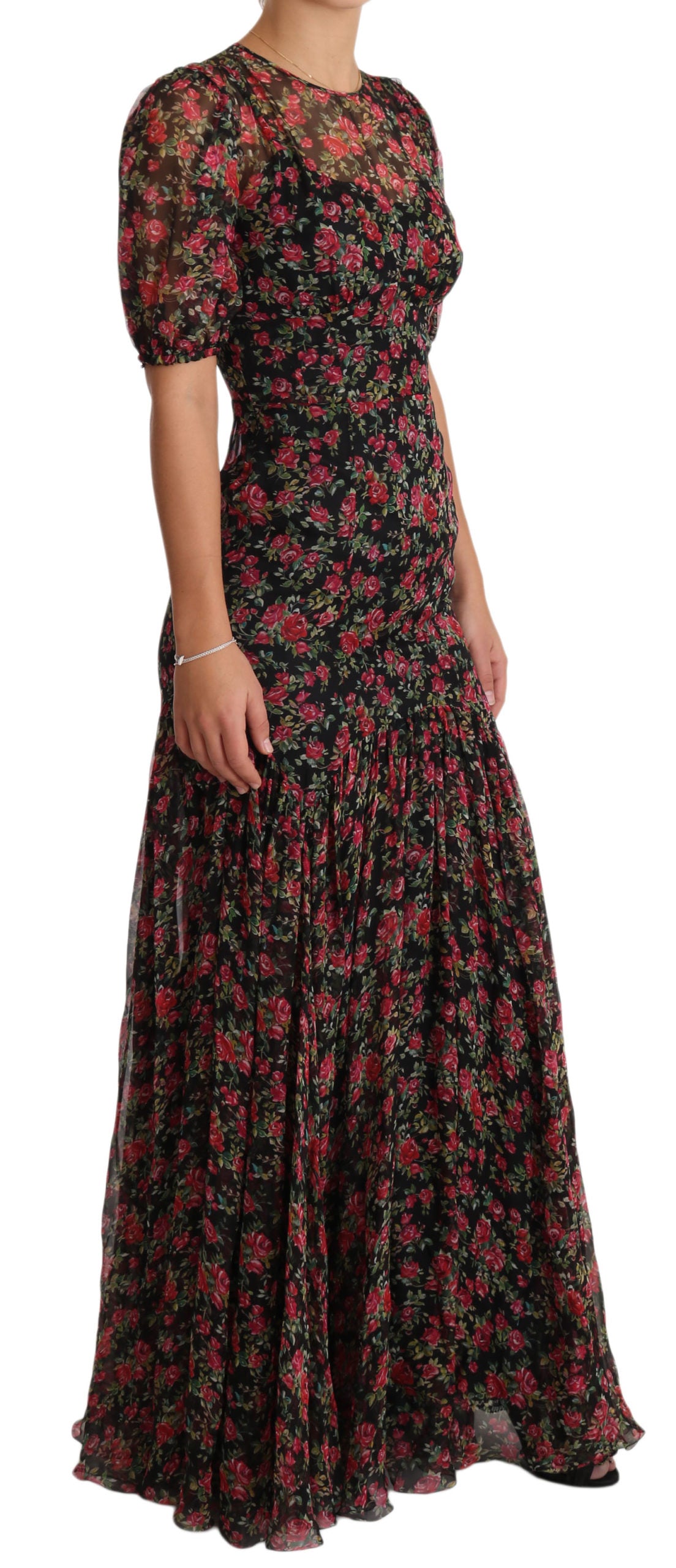 Elegante vestido floral de seda negra de corte A