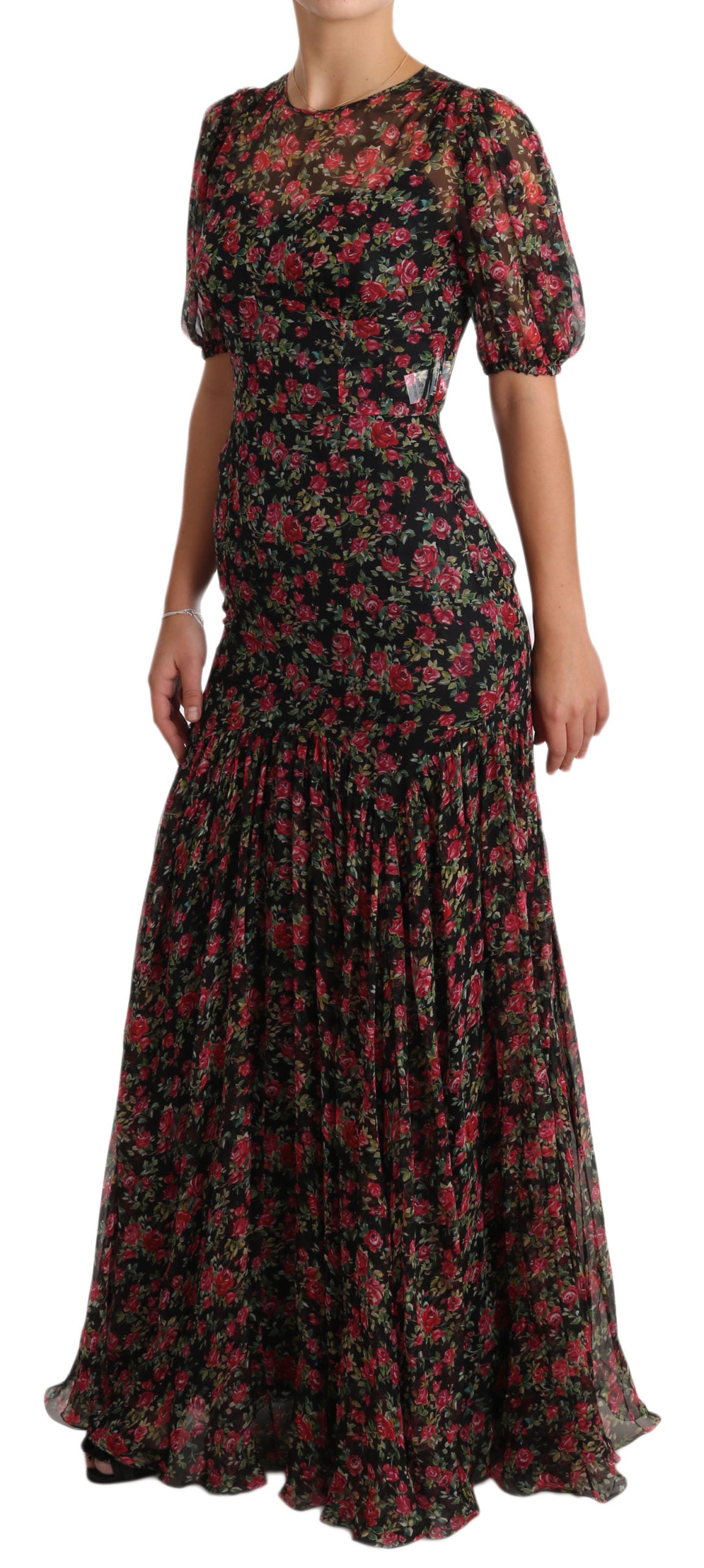 Elegante vestido floral de seda negra de corte A