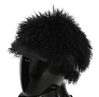 Elegante gorra Gatsby negra de piel de cordero del Tíbet