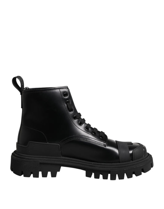 Black Leather Lace Up Mid Calf Boots Shoes