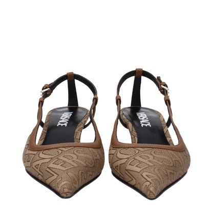 Beige Fabric Mid Heel Pumps