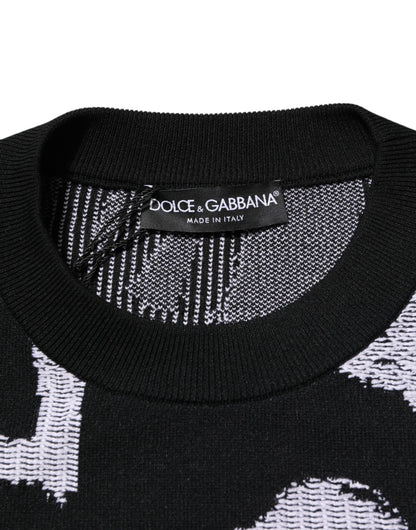 Black Nylon Wool Heart Print Pullover Sweater