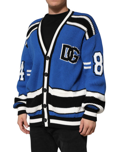 Blue Cotton Logo Patch Ribbed Knit Cardigan Sweater