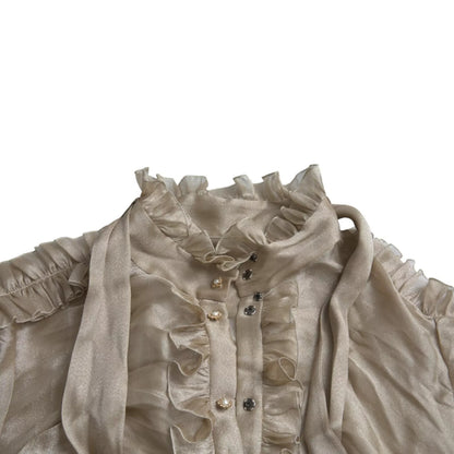 Gold Ascot Collar Ruffles Blouse Top