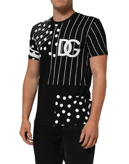 Black Cotton Polka Dots Round Neck T-shirt