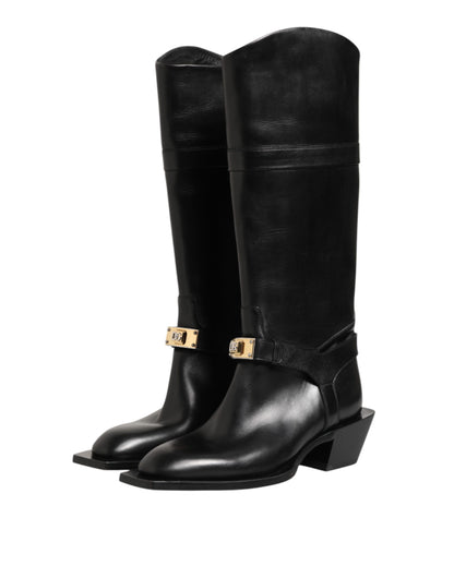 Black Logo Plaque Over The Calf Boot Shoes