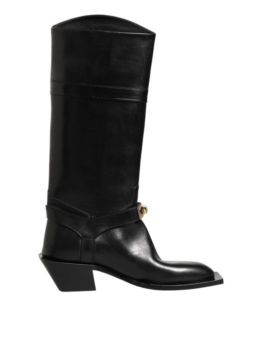 Black Logo Plaque Over The Calf Boot Shoes