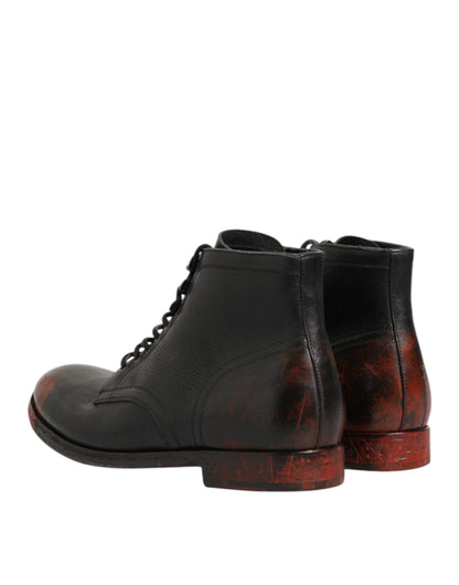 Black Red Lace Up Short Ankle Boot Shoes