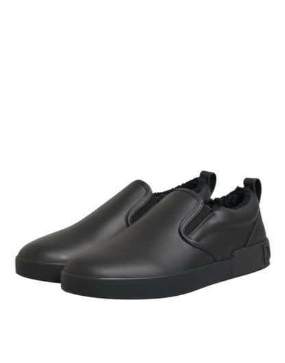 Black Leather Low Top Slip On Sneakers Shoes