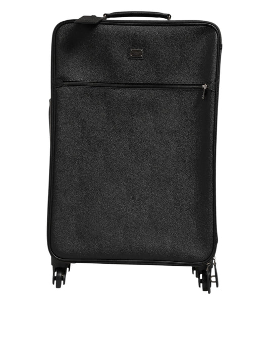 Gray Leather Logo Plaque Trolley Travel Wheel Men Suitcase Bag