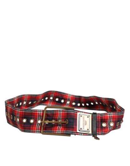 Red Plaid Fabric Logo Plate Brass Buckle Belt