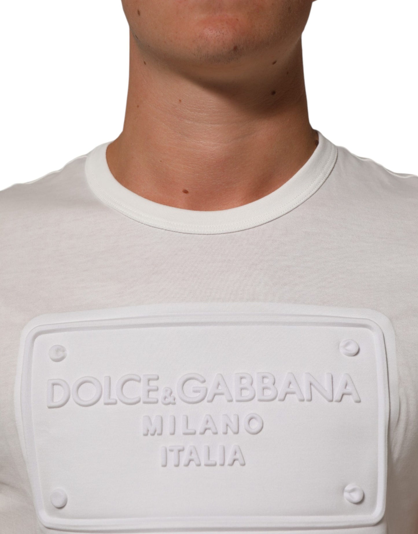 White Logo Patch Cotton Crew Neck Men T-shirt