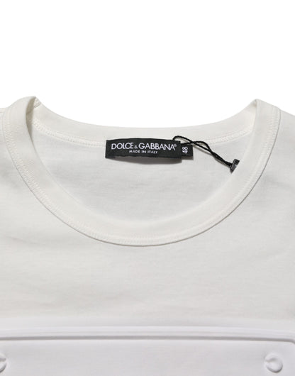 White Logo Patch Cotton Crew Neck Men T-shirt