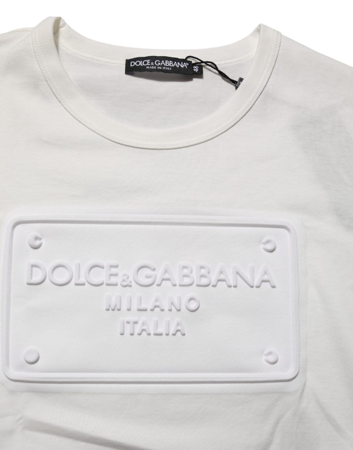 White Logo Patch Cotton Crew Neck Men T-shirt